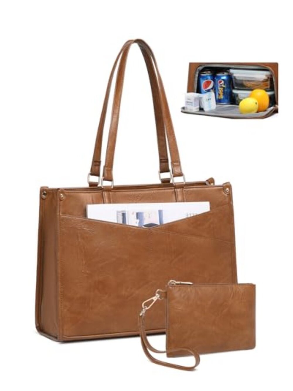 Insulated Lunch Tote Bag PU Leather Quilted 17.3" Laptop Work Tote